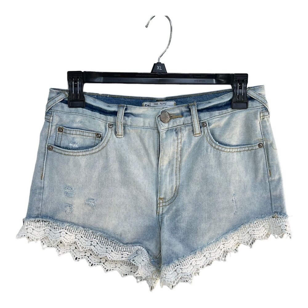 Free People SZ W 25 Jean Shorts Crochet Lace Hems Zip-Fly Distressed Light Wash